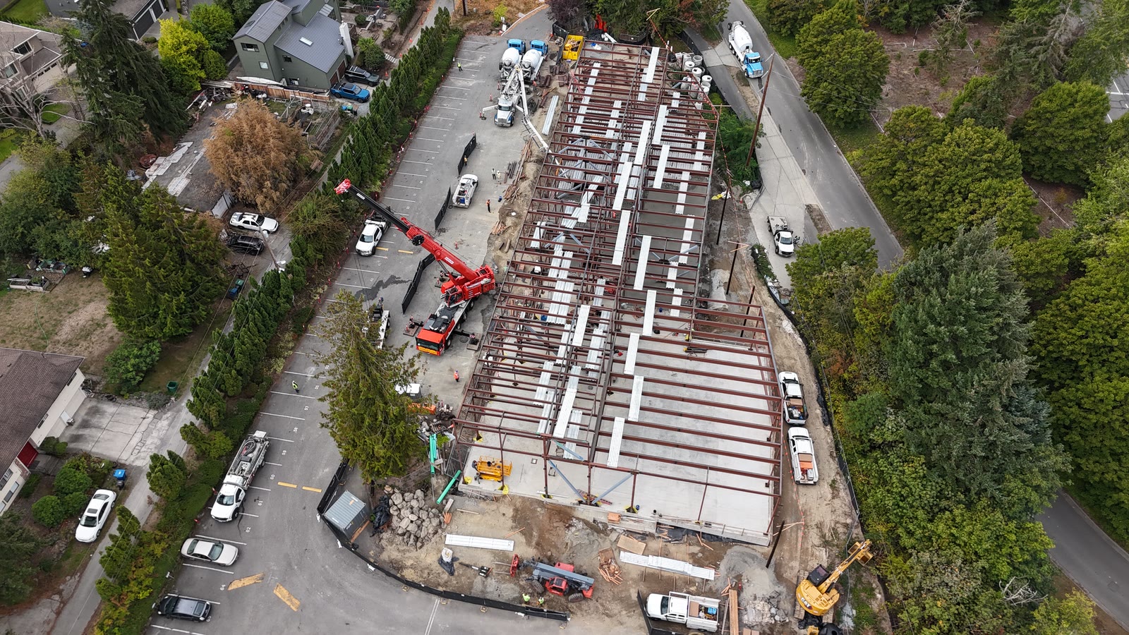 Aerial view of the steel frame with metal decking and poured deck sections