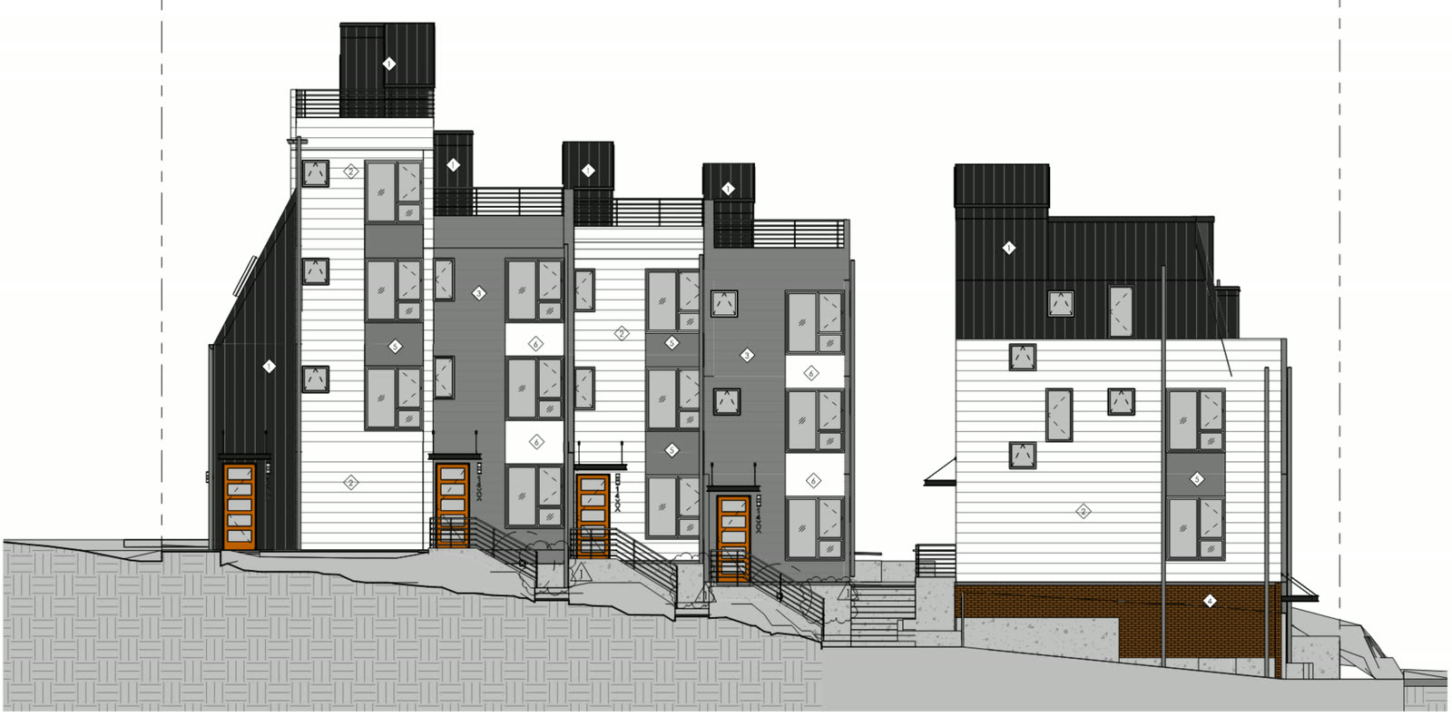 Architectural elevation of the townhome row