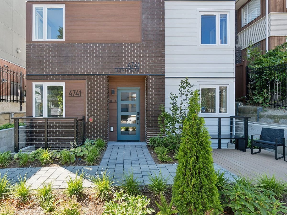 Landscaped walkway along the units