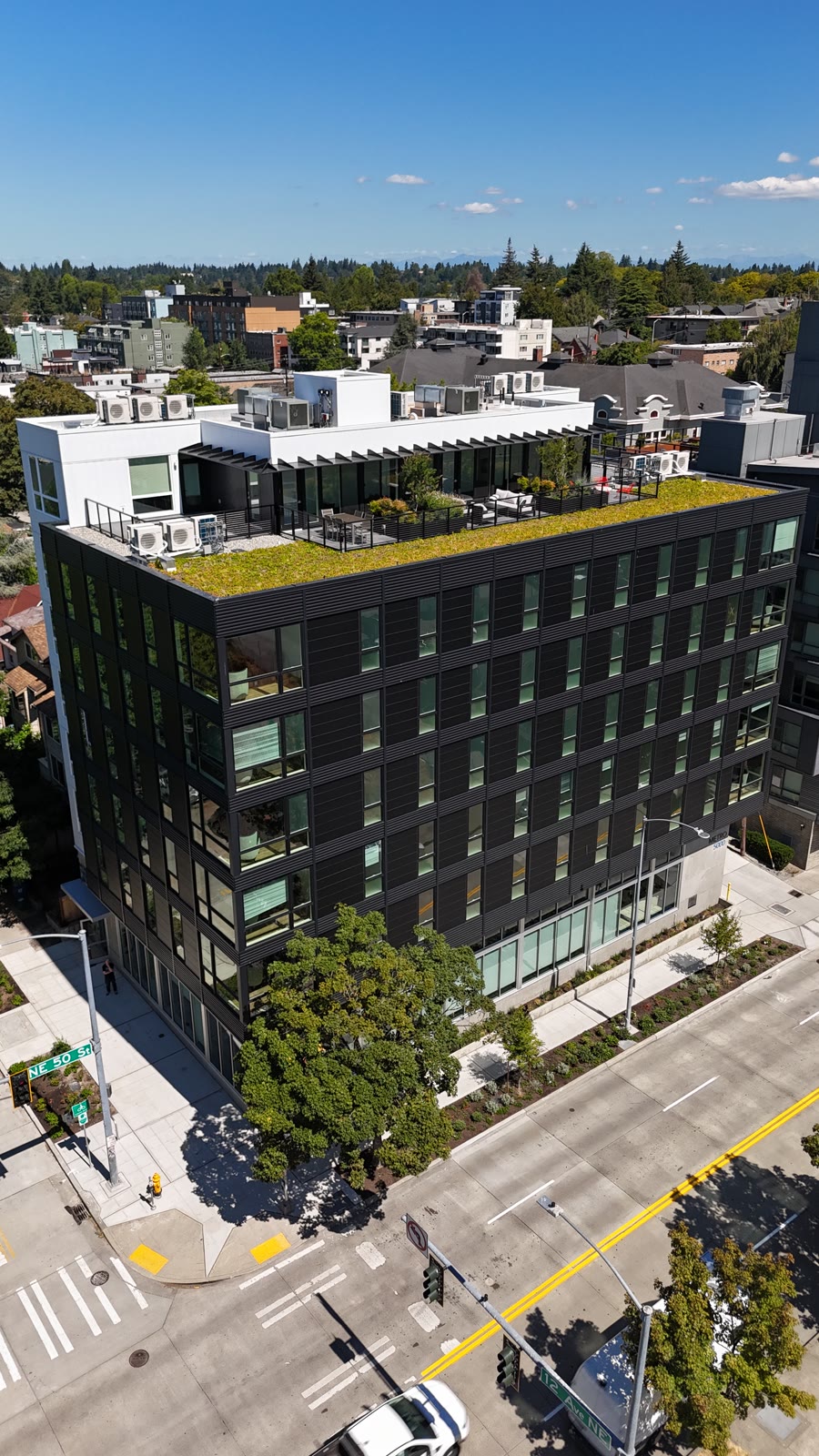Corner view of the finished building from the air