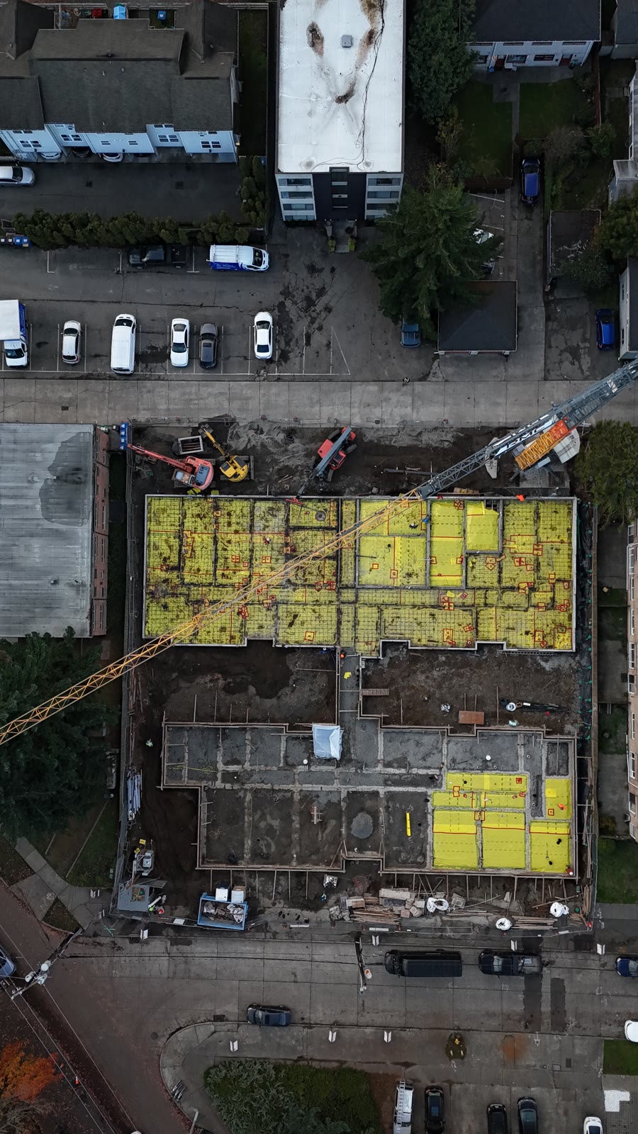 Overhead view of the podium deck and foundation work